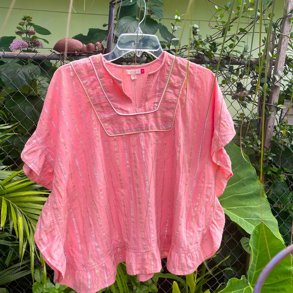Pink Chicken Boutique girl sz 6-8 Coral/Metallic Stripe Ruffled Swim Cover  Up